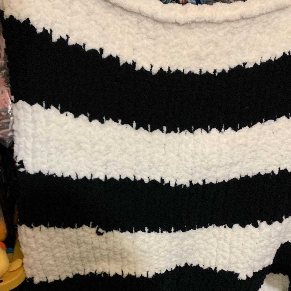 Chunky Plush Black & White Striped Chenille Hand Knitted Throw Blanket 50x60